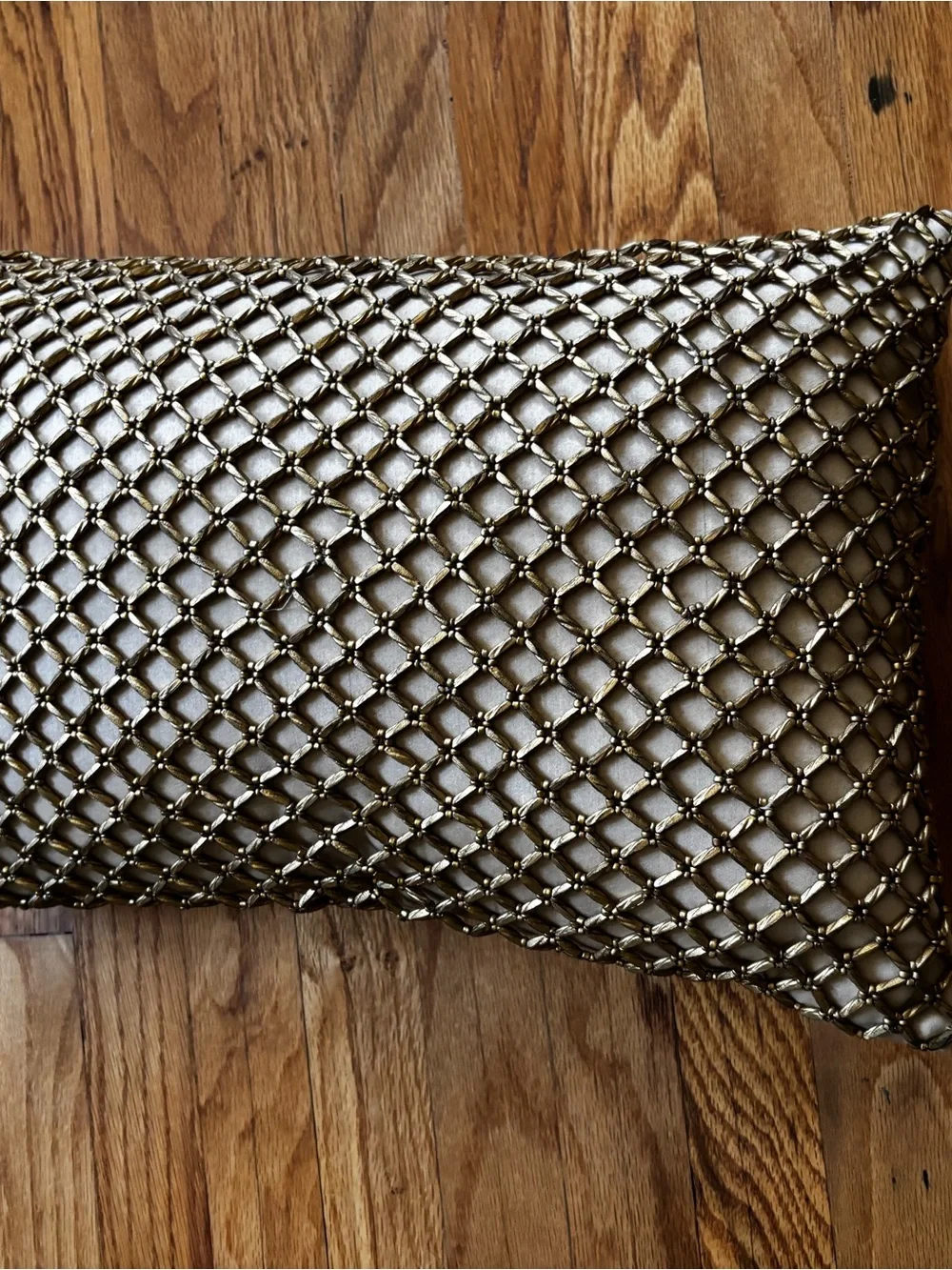 Decorative Beige Pillow with Gold Metallic beaded Net Accent